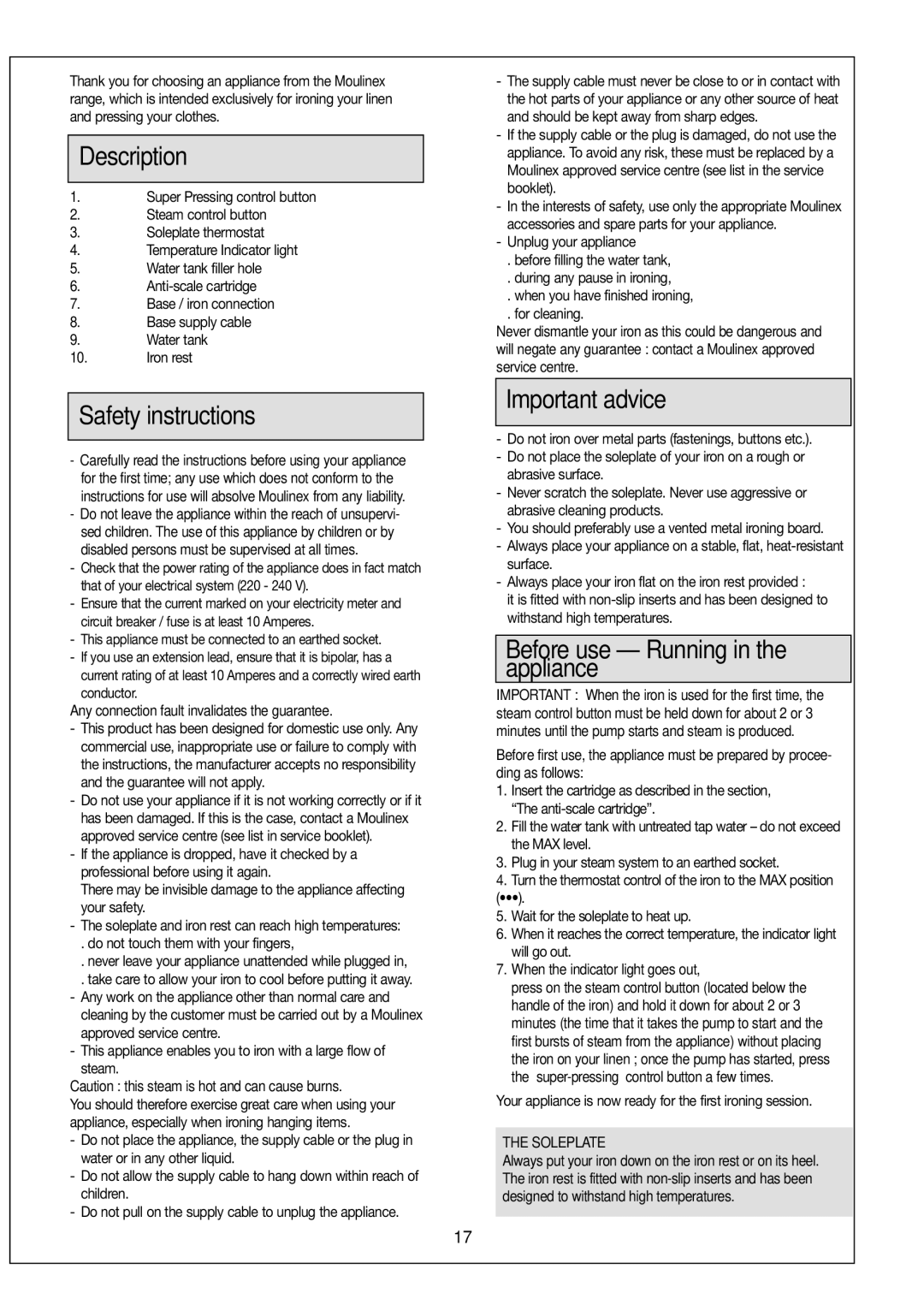 Moulinex Aquaplus IRON manual Safety instructions, Important advice, Before use Running in the appliance, Soleplate 