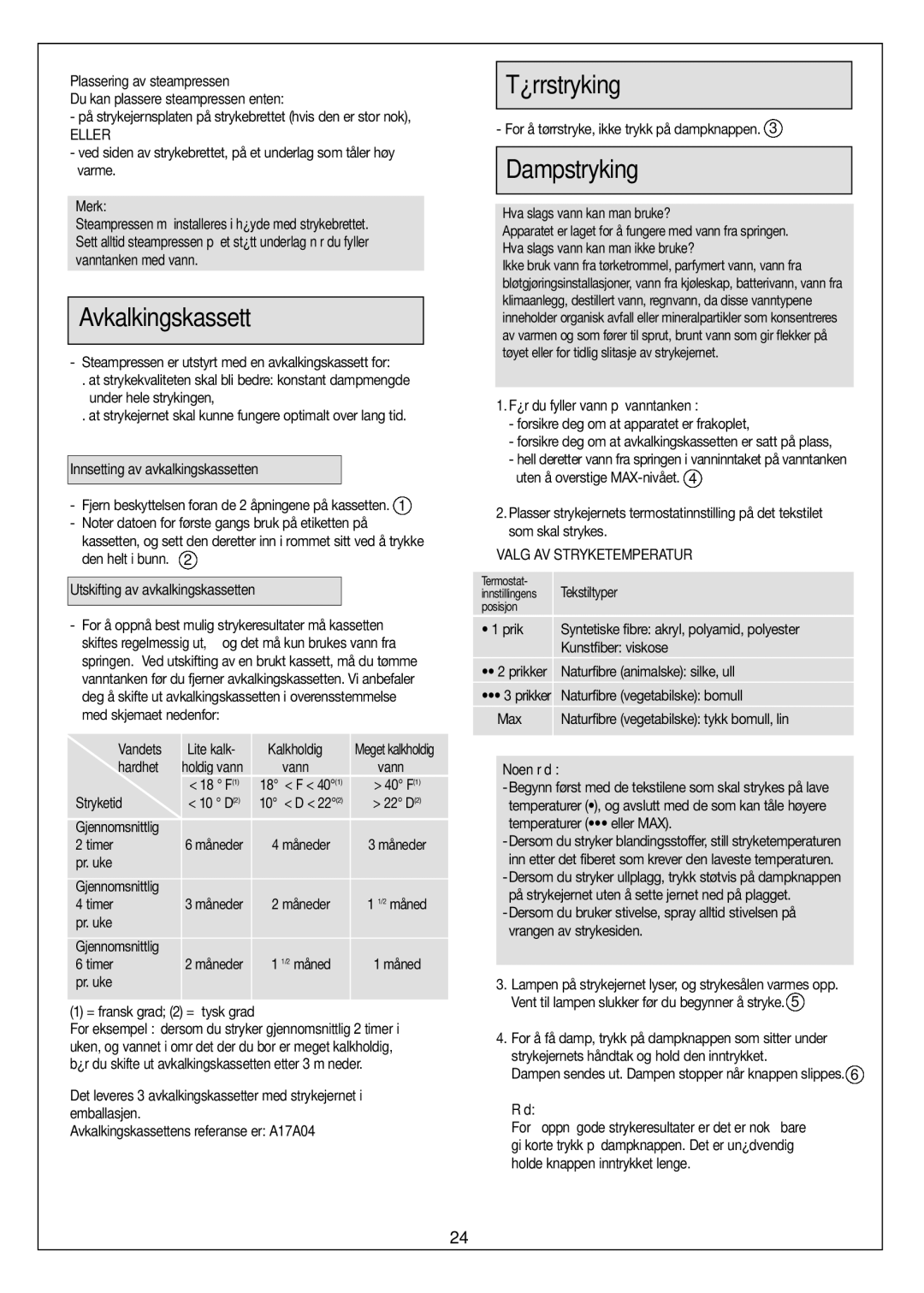 Moulinex Aquaplus IRON manual Avkalkingskassett, Tørrstryking, Dampstryking, Valg AV Stryketemperatur, Noen råd 