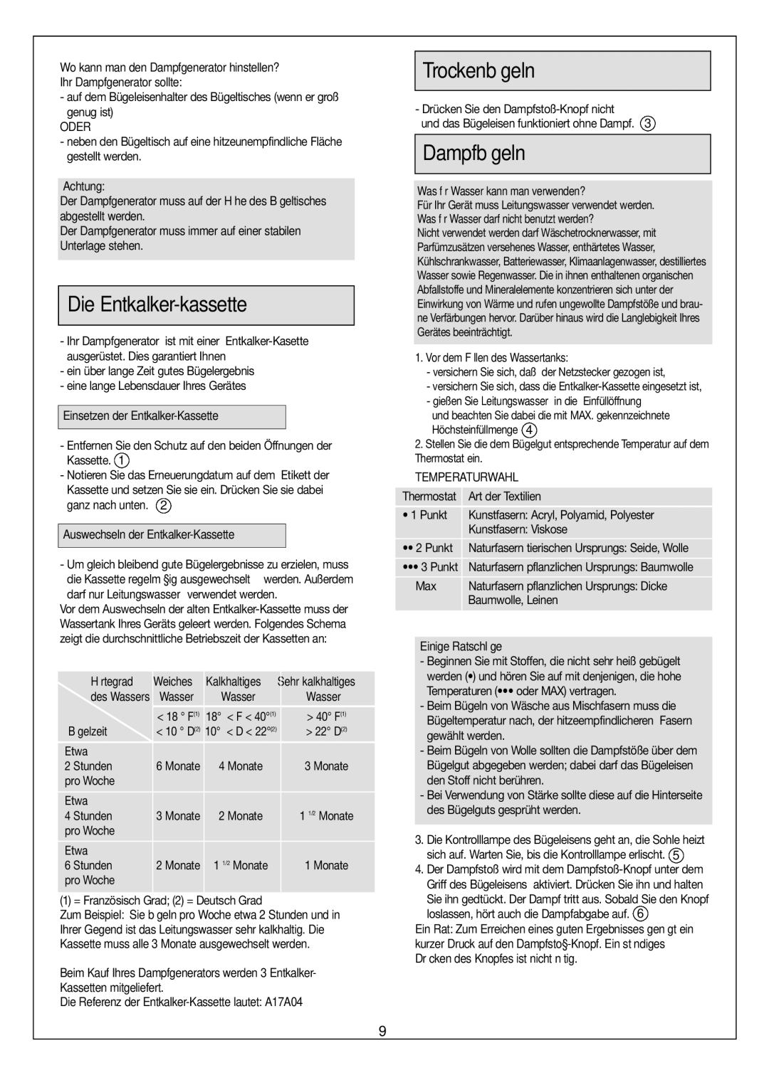 Moulinex Aquaplus IRON manual Die Entkalker-kassette, Trockenbügeln, Dampfbügeln, Einige Ratschläge 