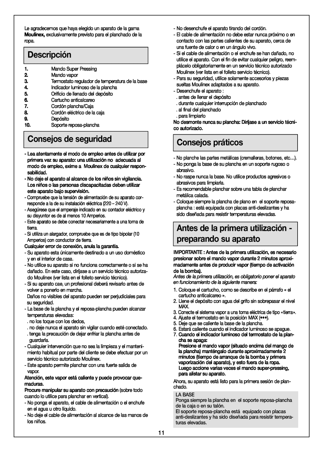 Moulinex Aquaplus IRON manual Descripción, Consejos de seguridad, Consejos práticos 