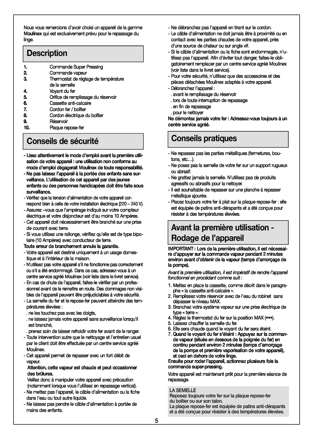 Moulinex Aquaplus IRON manual Description, Conseils de sécurité, Conseils pratiques 