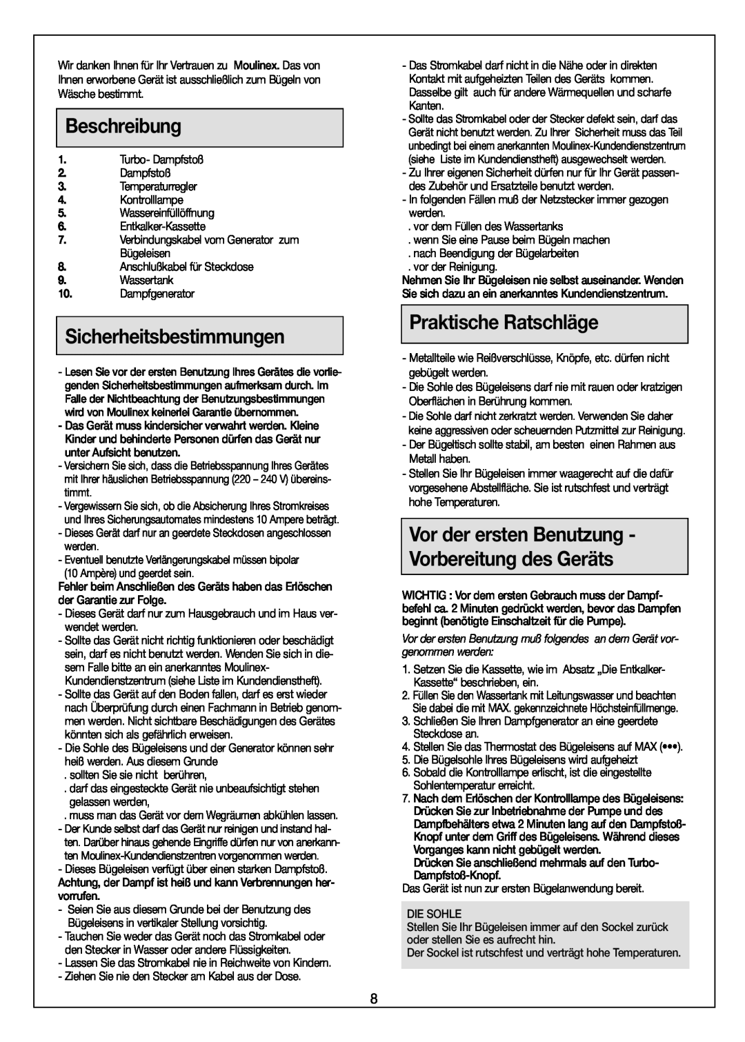 Moulinex Aquaplus IRON manual Beschreibung, Sicherheitsbestimmungen, Praktische Ratschläge 