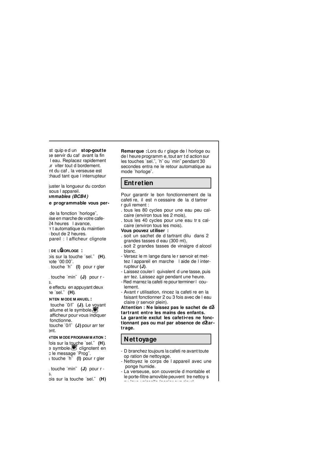 Moulinex BCB1, BCB2, BCB3 Entretien, Nettoyage, Si votre appareil ne fonctionne pas que faire ?, Modéles programmables BCB4 