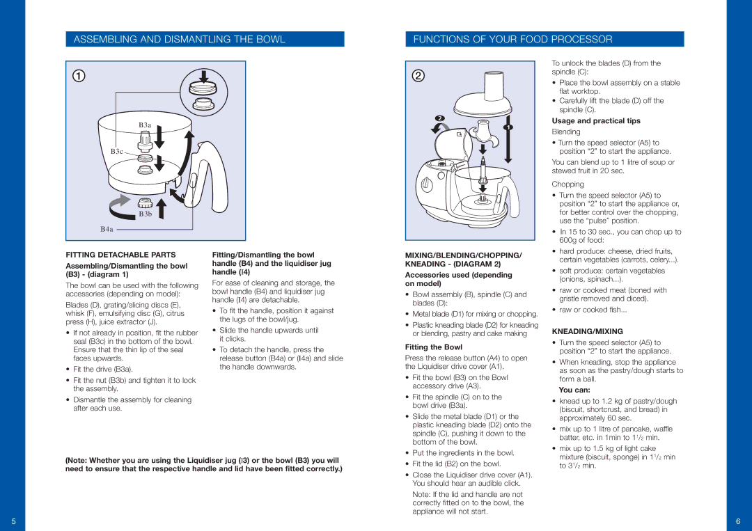 Moulinex DFC1 manual Fitting Detachable Parts, MIXING/BLENDING/CHOPPING/ Kneading Diagram, Kneading/Mixing 