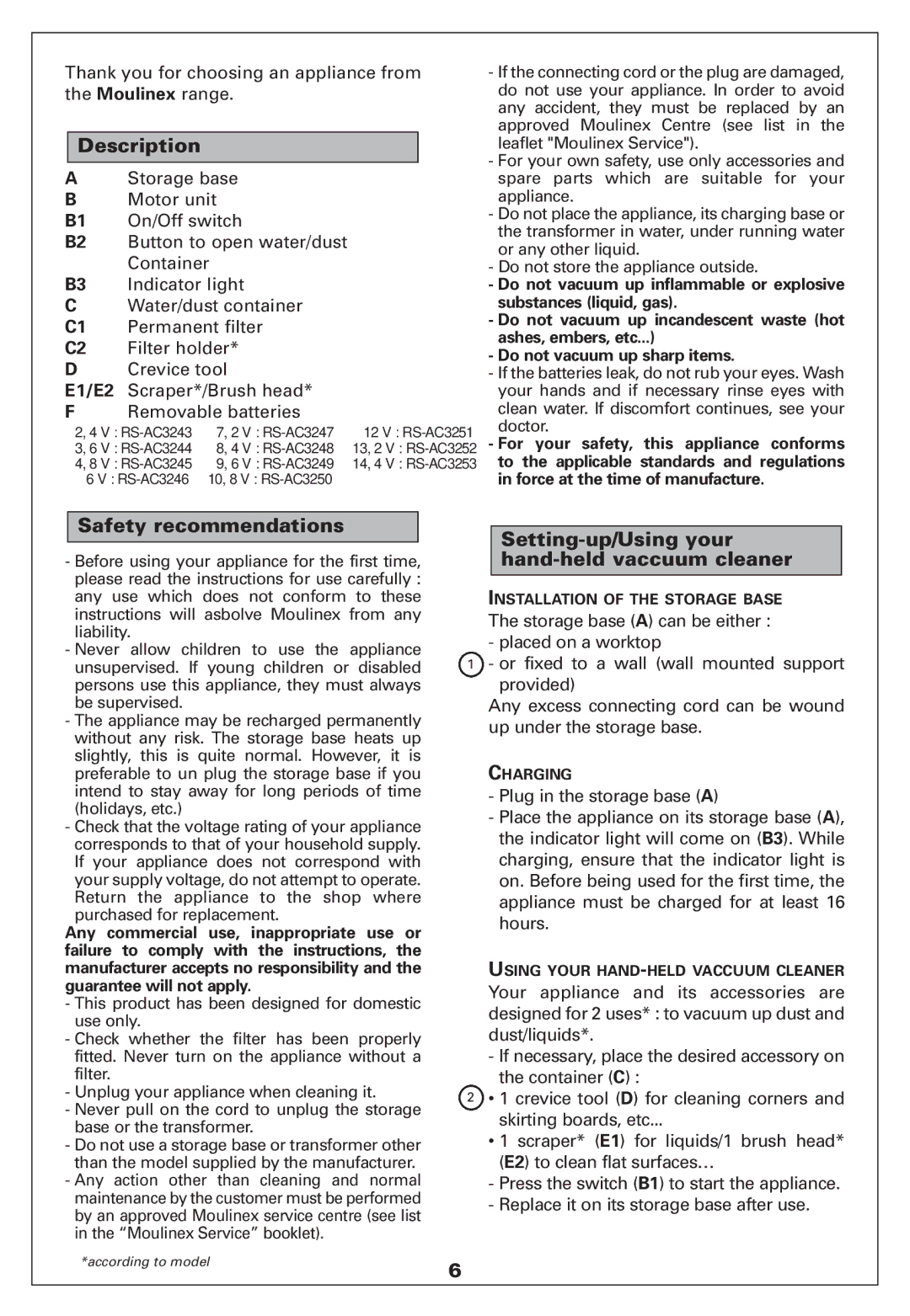 Moulinex HAND-HELD VACCUUM CLEANER manual Safety recommendations, Setting-up/Using your hand-held vaccuum cleaner 