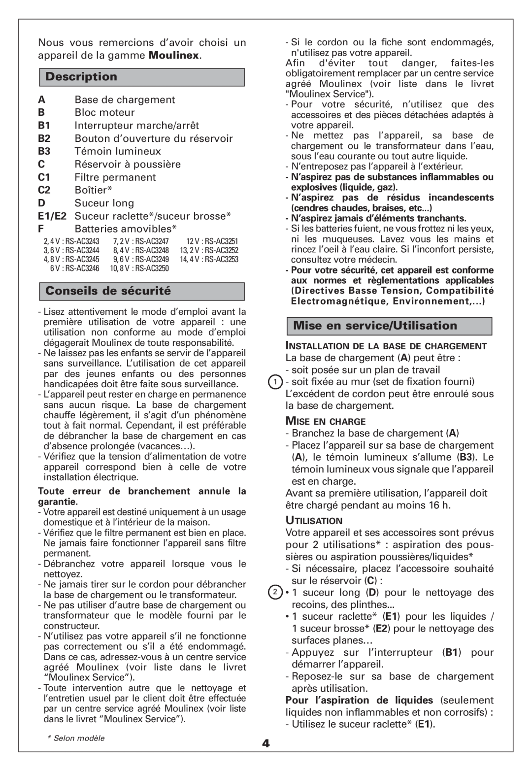 Moulinex HAND-HELD VACCUUM CLEANER manual Description, Conseils de sécurité, Mise en service/Utilisation 