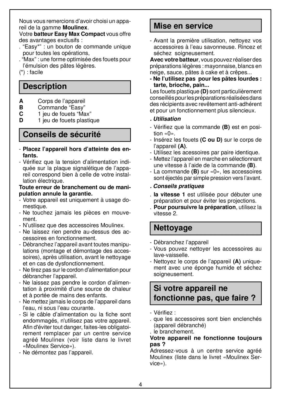 Moulinex hand-mixer manual Description, Conseils de sécurité, Mise en service, Nettoyage 