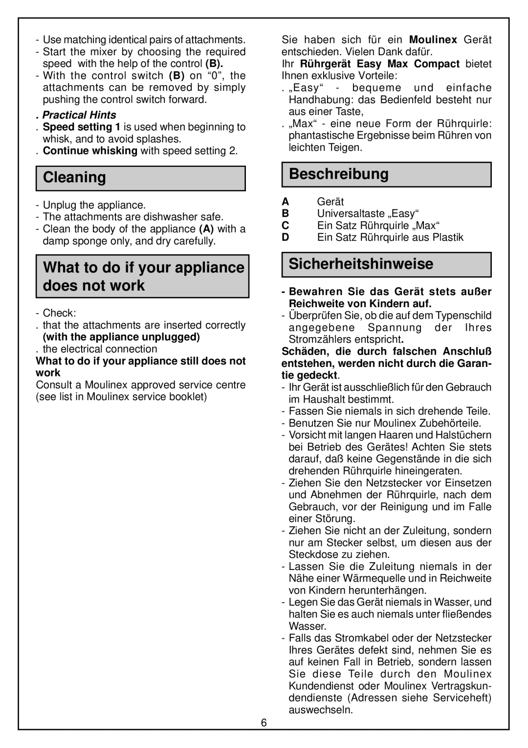 Moulinex hand-mixer manual Cleaning, What to do if your appliance does not work, Beschreibung, Sicherheitshinweise 