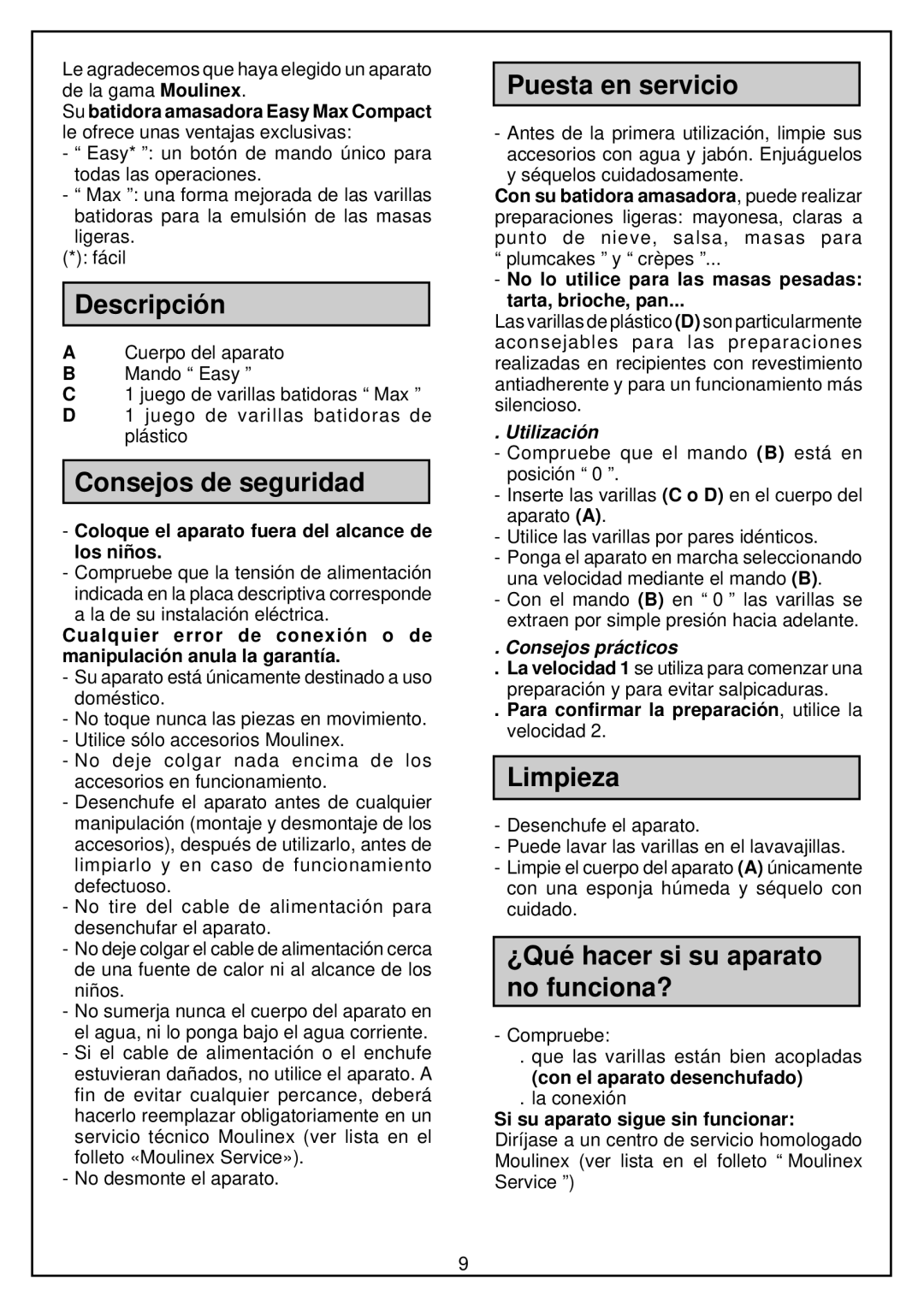 Moulinex hand-mixer manual Descripció n, Consejos de seguridad, Puesta en servicio, Limpieza 