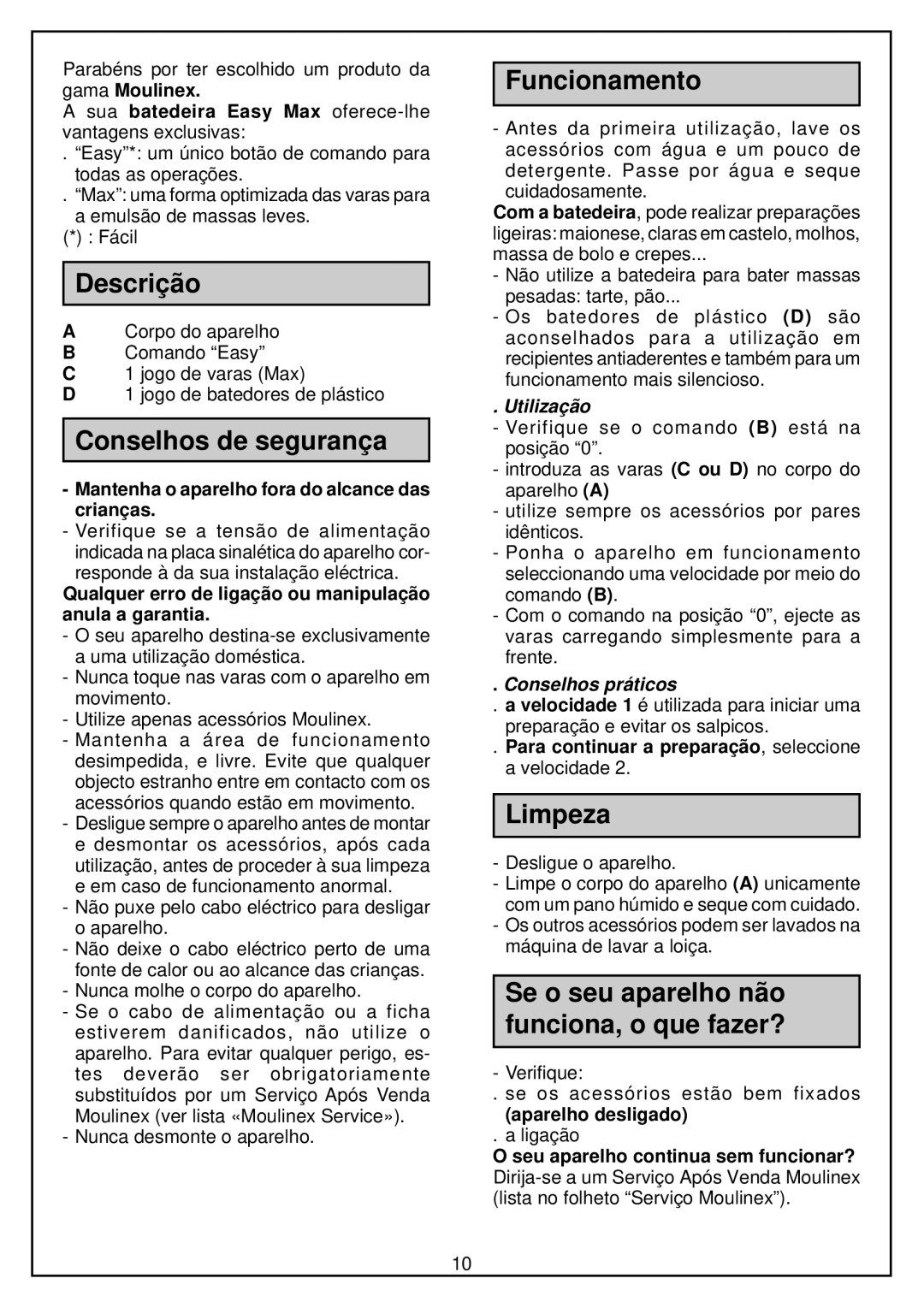 Moulinex hand-mixer manual Descriçã o, Conselhos de seguranç a, Funcionamento, Limpeza 