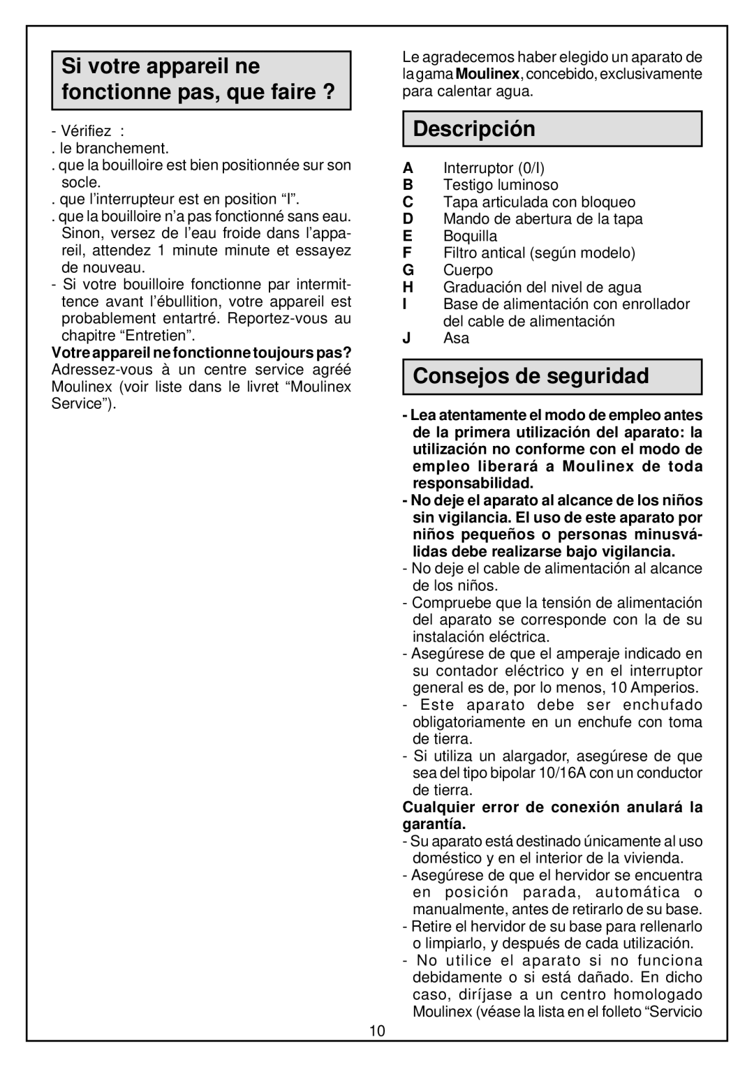 Moulinex Kettle manual Si votre appareil ne fonctionne pas, que faire ?, Descripción, Consejos de seguridad 