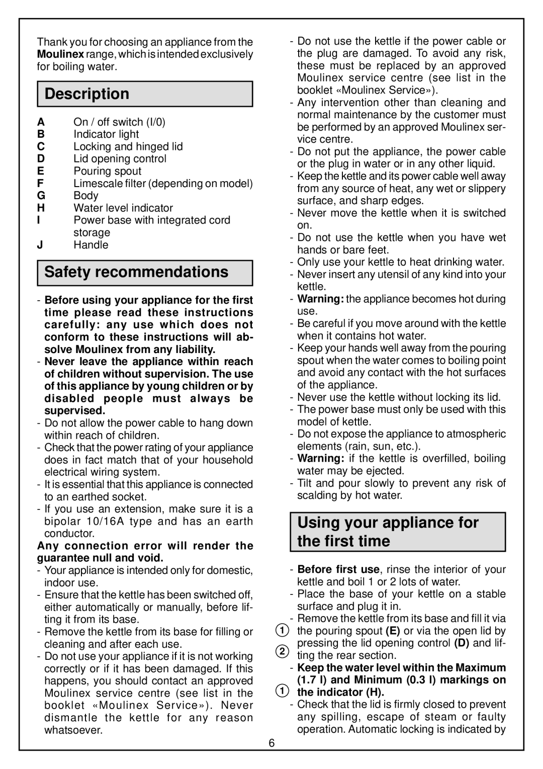 Moulinex Kettle manual Description, Safety recommendations, Using your appliance for the first time 