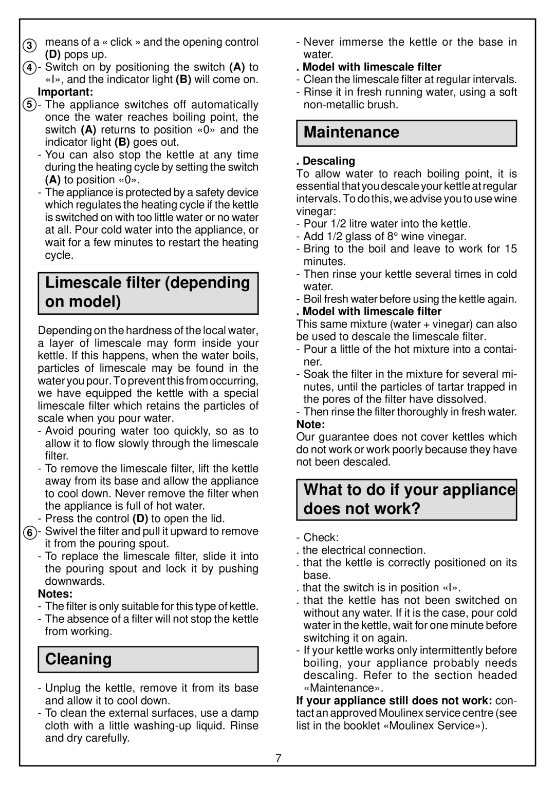 Moulinex Kettle Limescale filter depending on model, Cleaning, Maintenance, What to do if your appliance does not work? 