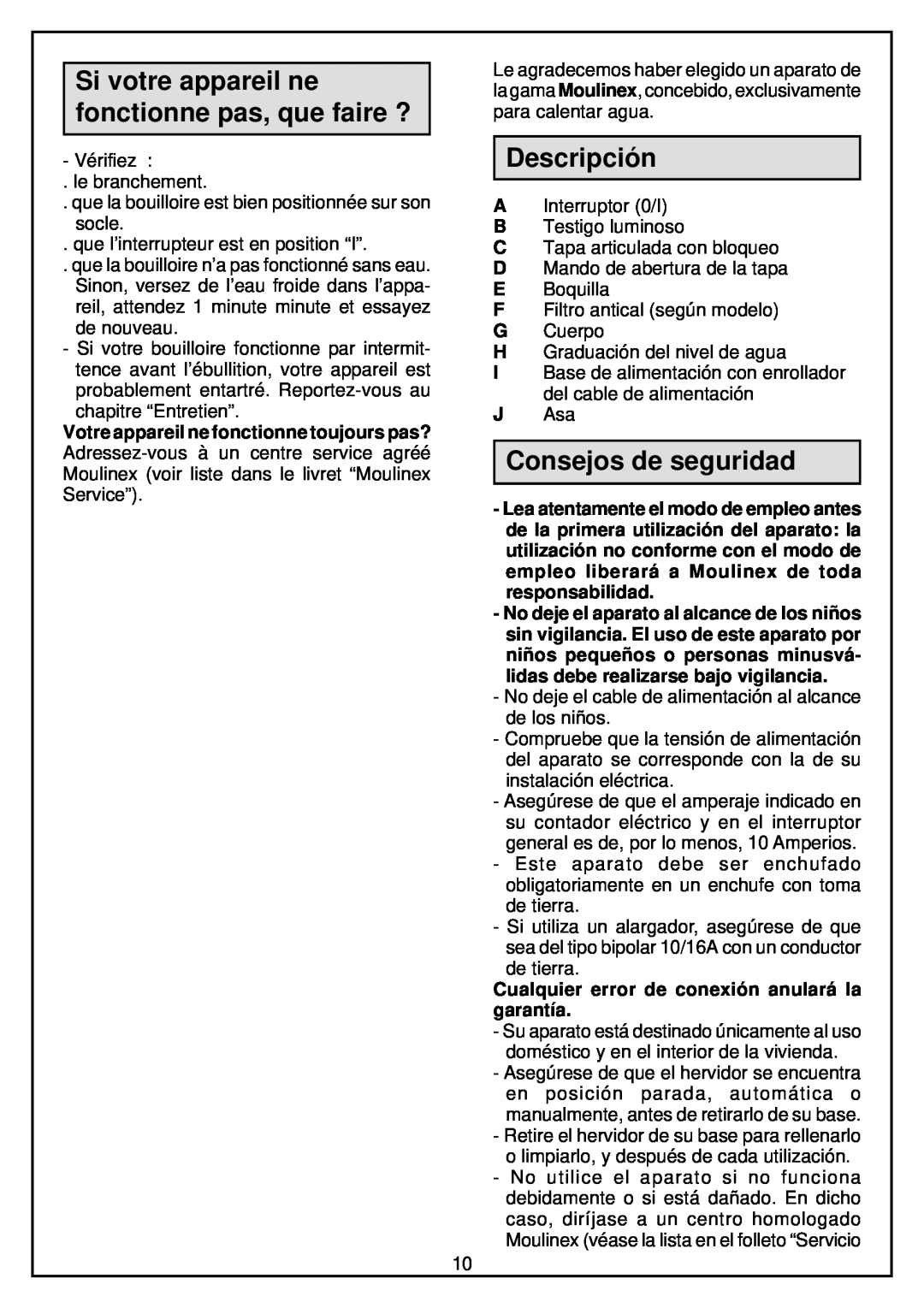 Moulinex Kettle manual Si votre appareil ne fonctionne pas, que faire ?, Descripción, Consejos de seguridad 