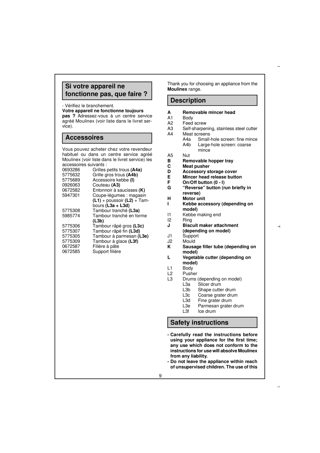 Moulinex Meat Mincer manual Si votre appareil ne fonctionne pas, que faire ?, Accessoires, Safety instructions 