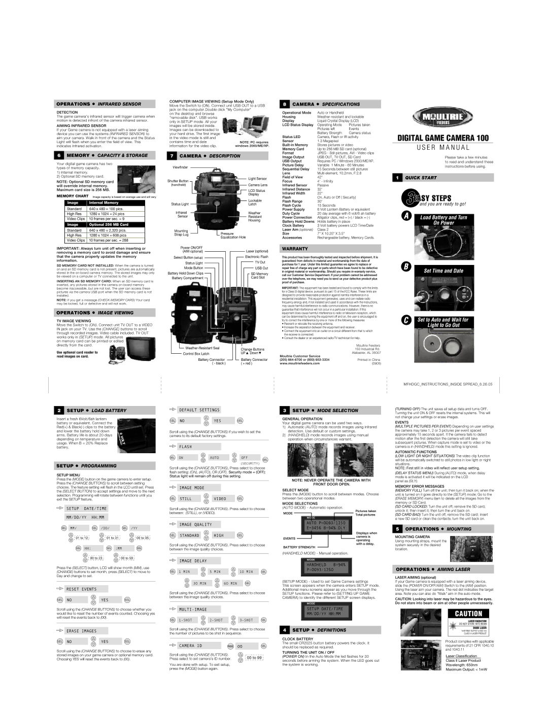 Moultrie 100 warranty Operations Infrared Sensor, Memory Capacity & Storage, Camera Description Camera Specifications 