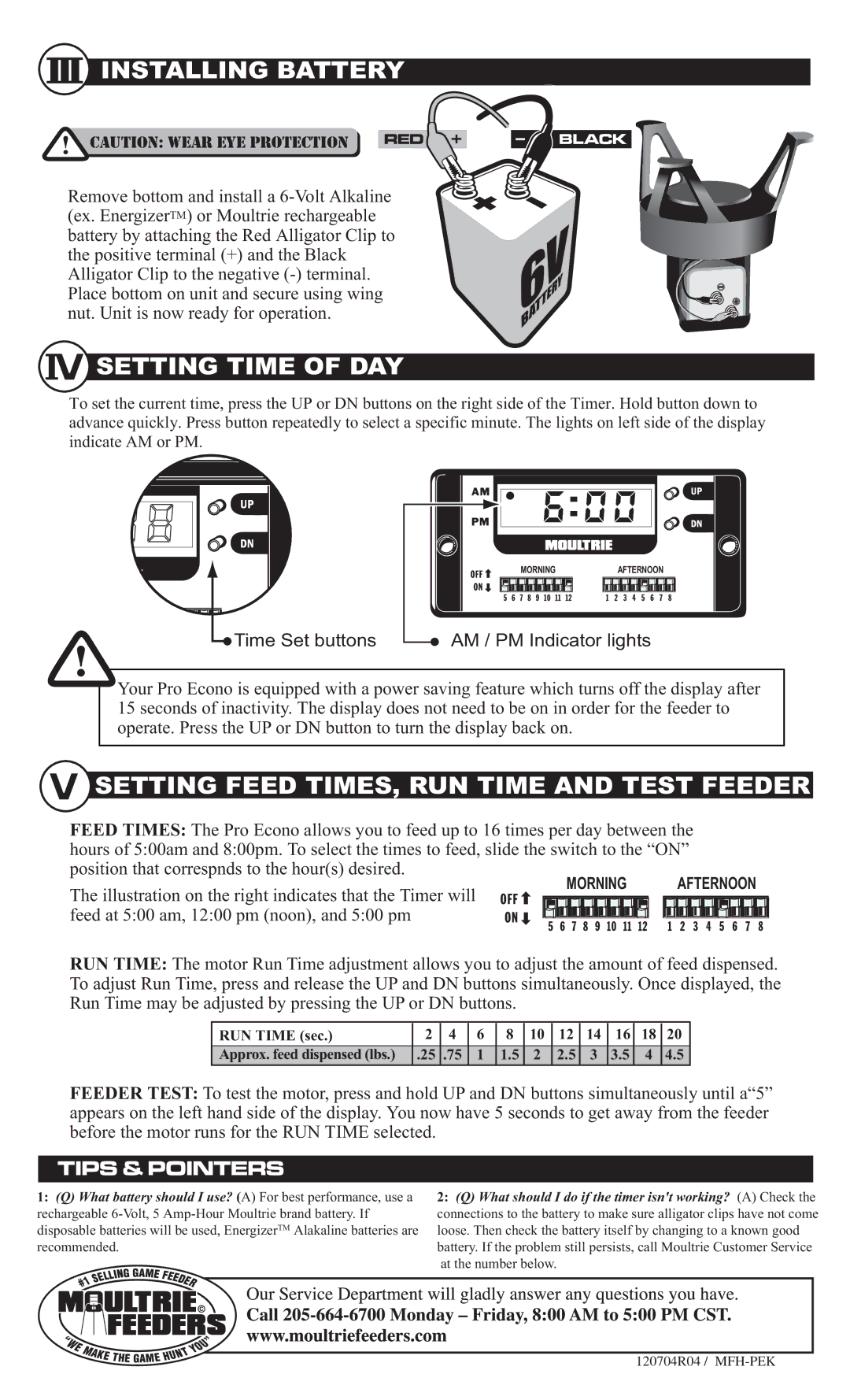 Moultrie 120704R04 / MFH-PEK warranty Installing Battery, Setting Time of DAY, Setting Feed TIMES, RUN Time and Test Feeder 