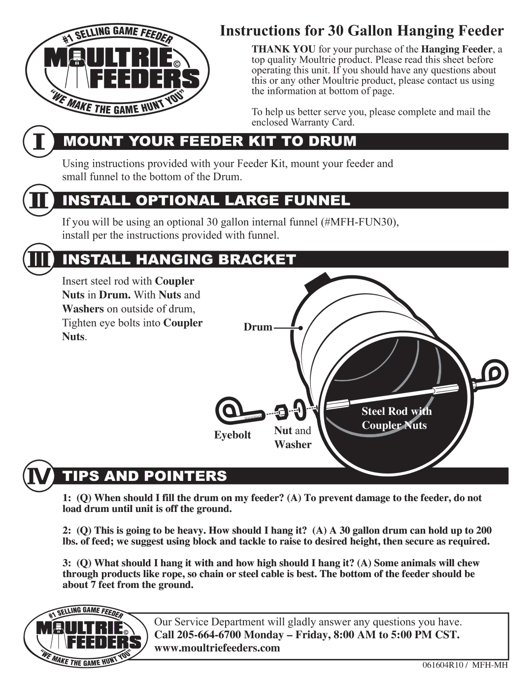 Moultrie 120704R04 / MFH-PEK Instructions for 30 Gallon Hanging Feeder, Mount Your Feeder KIT to Drum, Tips and Pointers 