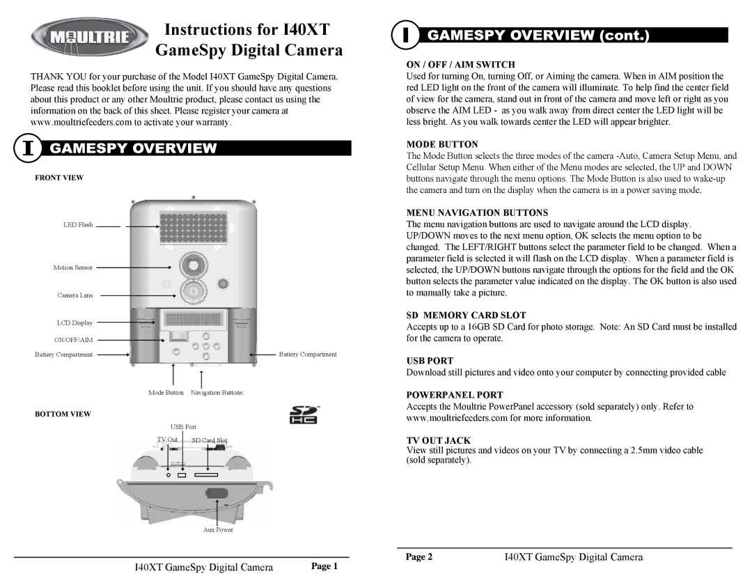 Moultrie I40XT warranty On / OFF / AIM Switch, Mode Button, Menu Navigation Buttons, SD Memory Card Slot, USB Port 