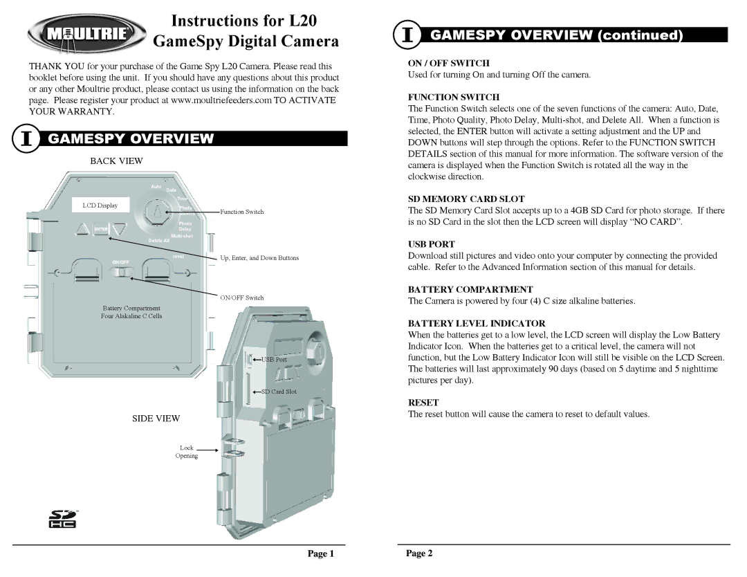 Moultrie L20 warranty Gamespy Overview 