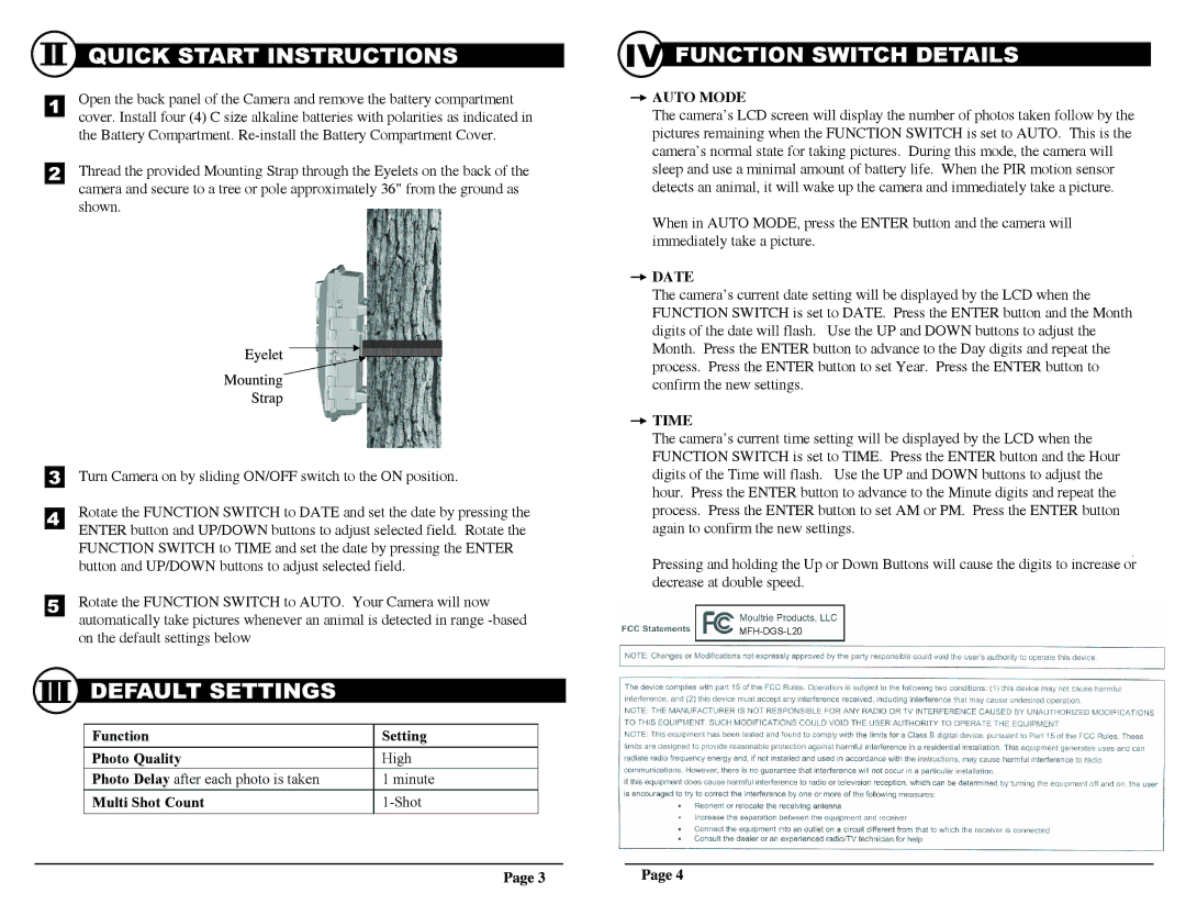 Moultrie L20 warranty Function Switch Details, Auto Mode, Date, Time 