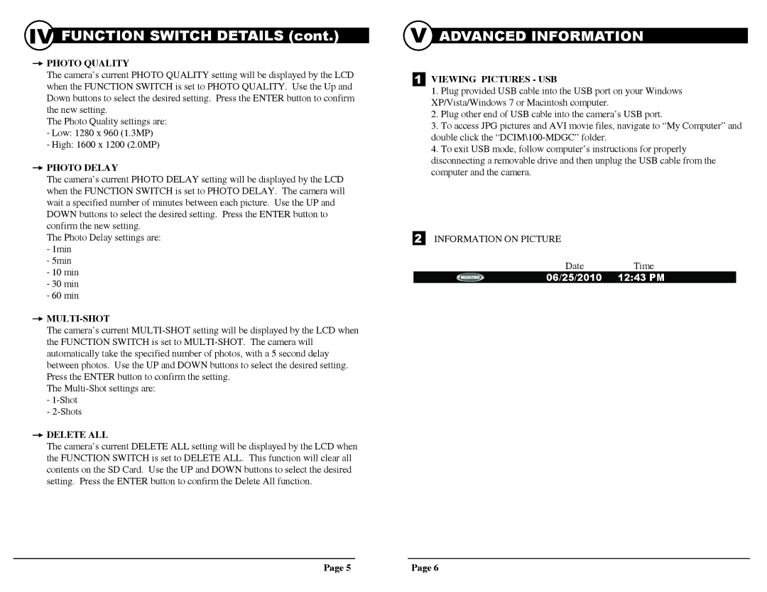 Moultrie L20 warranty Function Switch Details, Advanced Information 