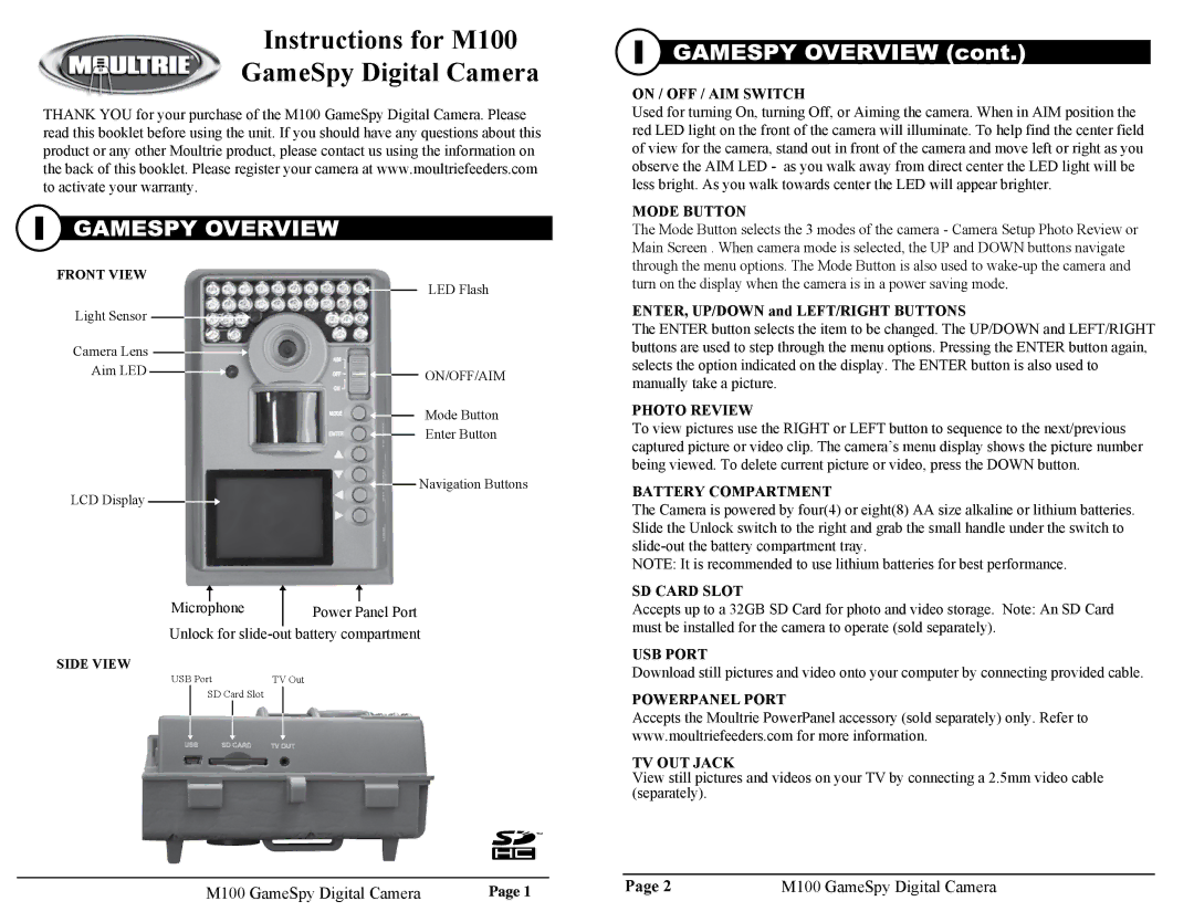 Moultrie M100 warranty On / OFF / AIM Switch, Mode Button, Photo Review, Battery Compartment, SD Card Slot, USB Port 