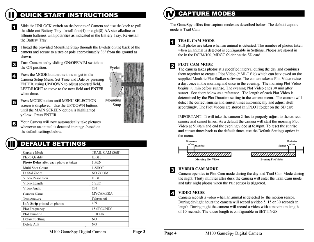 Moultrie M100 warranty Capture Modes, Trail CAM Mode, Plot CAM Mode, Hybrid CAM Mode, Video Mode 