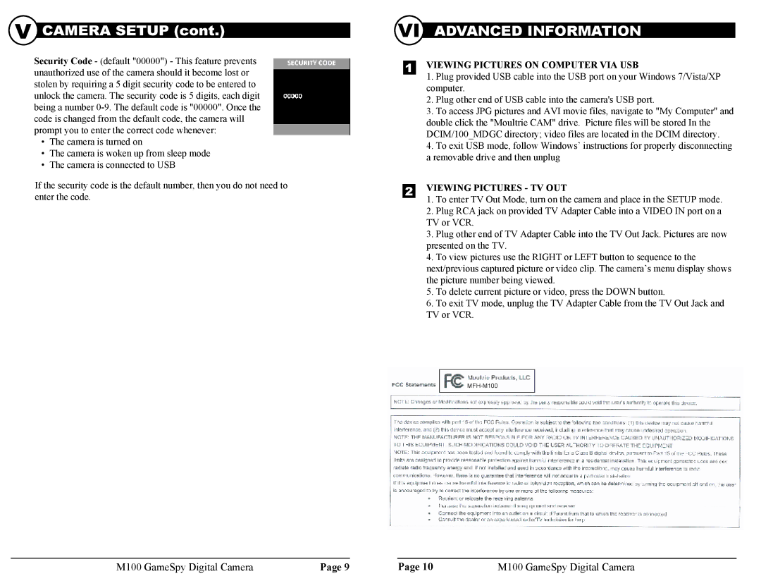 Moultrie M100 warranty VI Advanced Information, Viewing Pictures on Computer VIA USB, Viewing Pictures TV OUT 