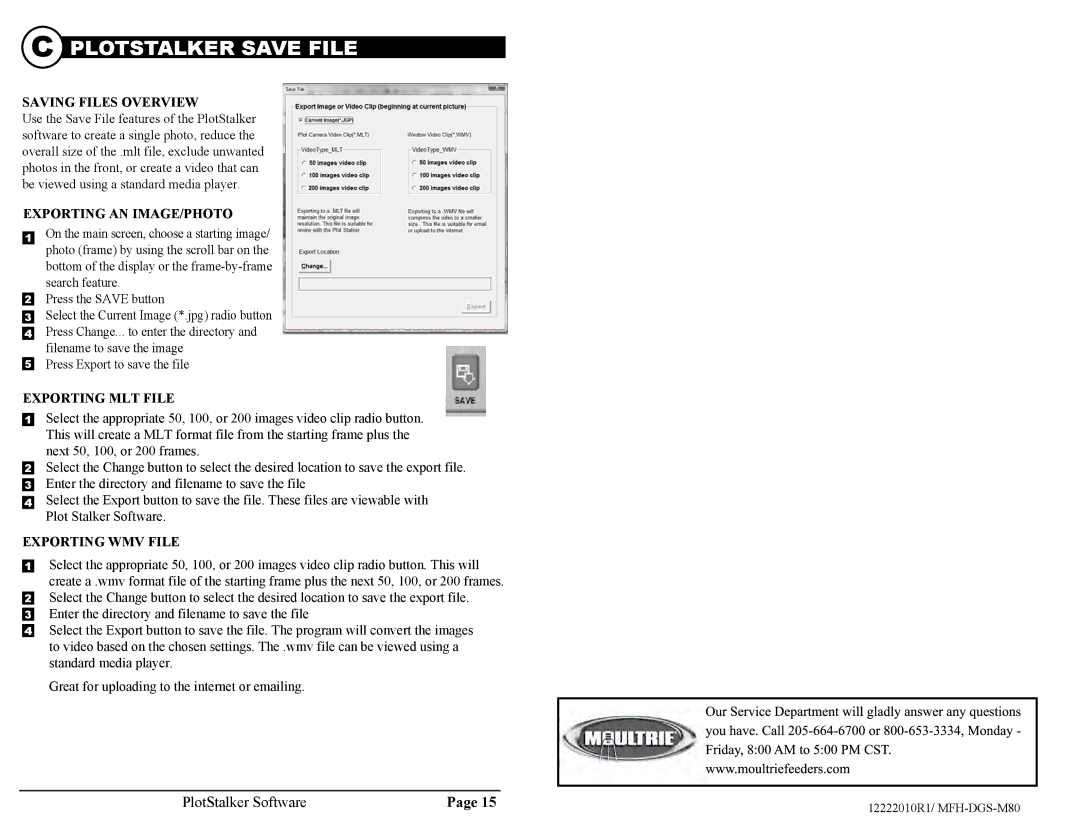 Moultrie M100 warranty Plotstalker Save File, Saving Files Overview, Exporting AN IMAGE/PHOTO, Exporting MLT File 