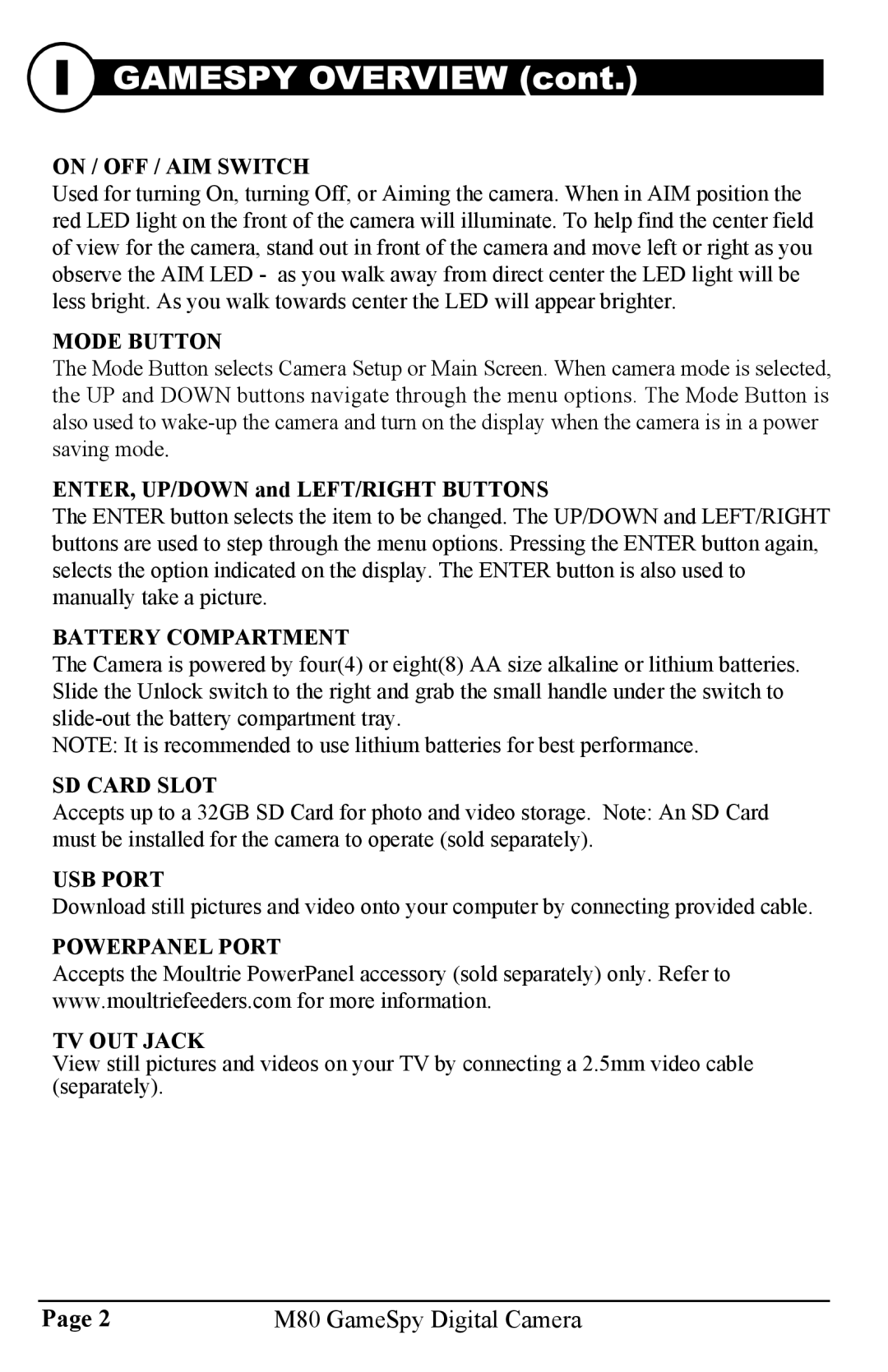 Moultrie M80 On / OFF / AIM Switch, Mode Button, Battery Compartment, SD Card Slot, USB Port, Powerpanel Port TV OUT Jack 