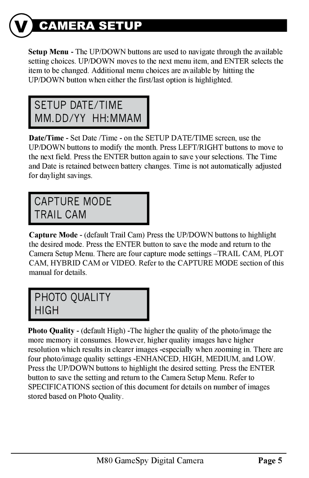 Moultrie M80 warranty Setup DATE/TIME MM.DD/YY Hhmmam, Capture Mode Trail CAM, Photo Quality High 