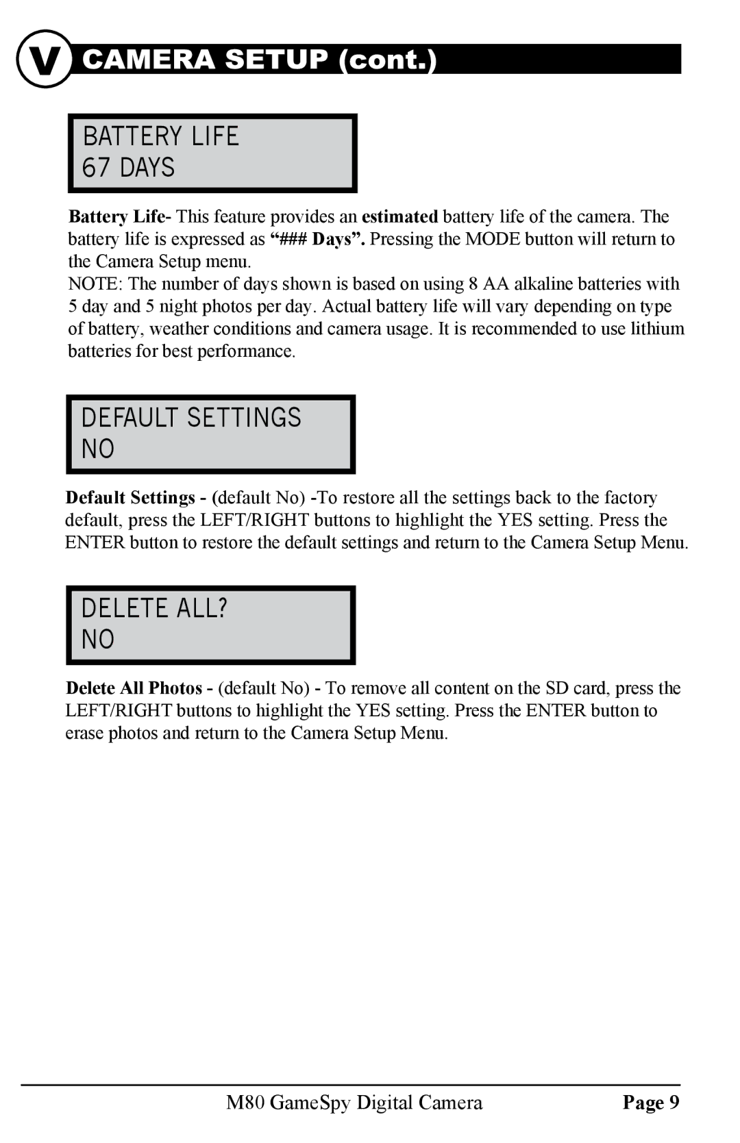 Moultrie M80 warranty Default Settings, Delete ALL? 