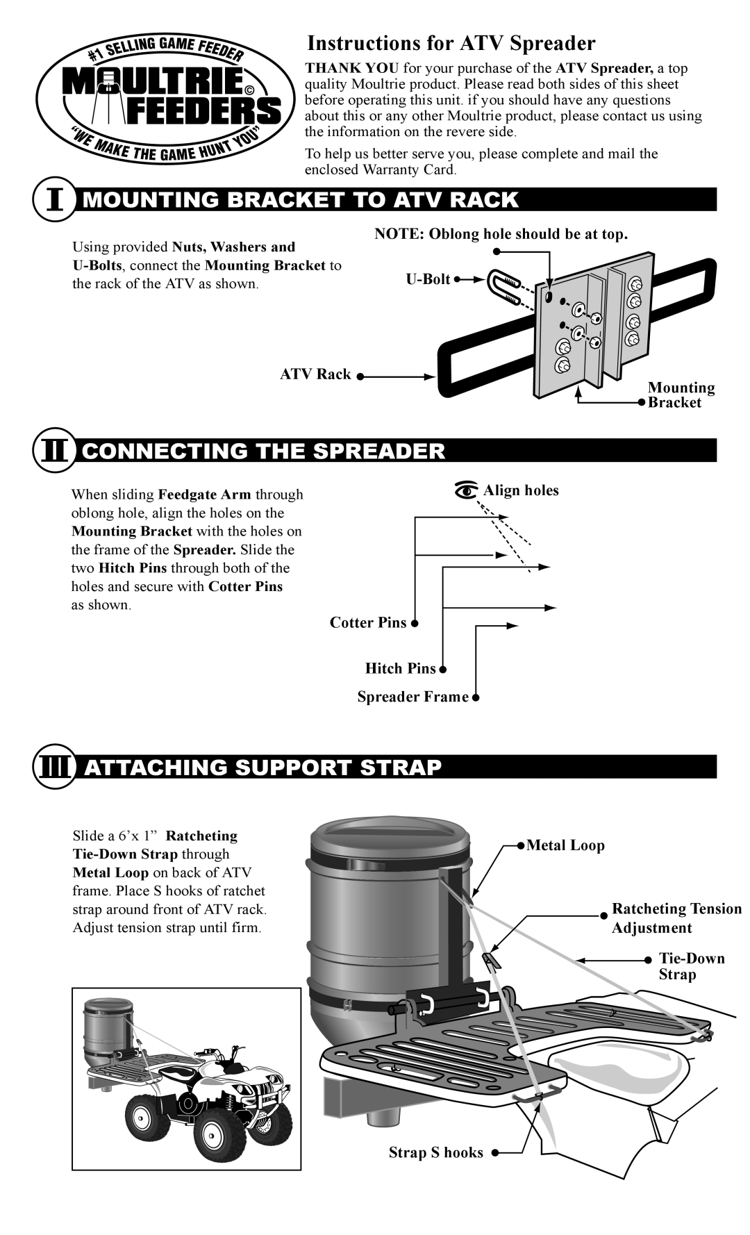 Moultrie warranty Instructions for ATV Spreader, Mounting Bracket to ATV Rack, Connecting the Spreader 