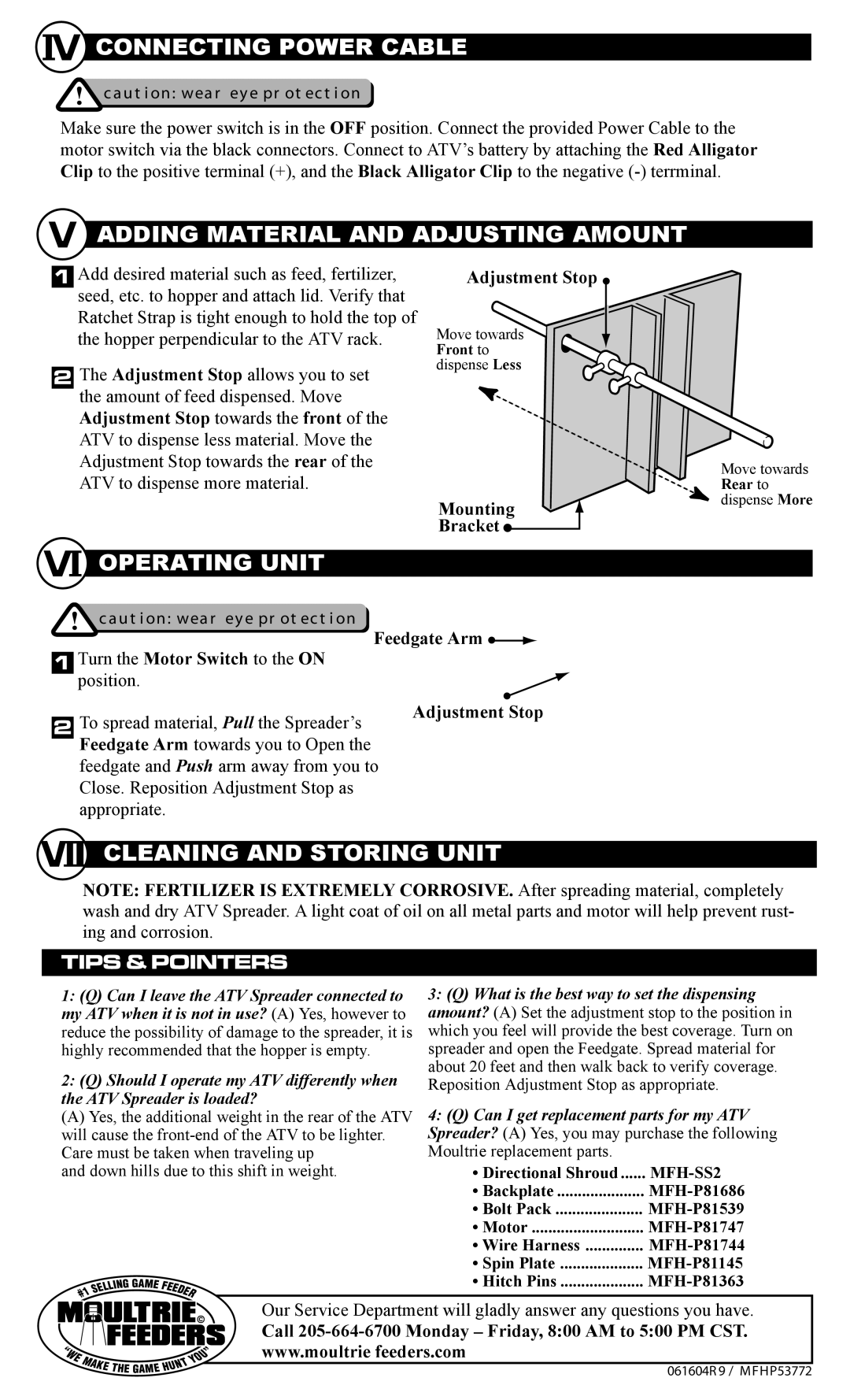 Moultrie Spreader Connecting Power Cable, Adding Material and Adjusting Amount, Operating Unit, Cleaning and Storing Unit 