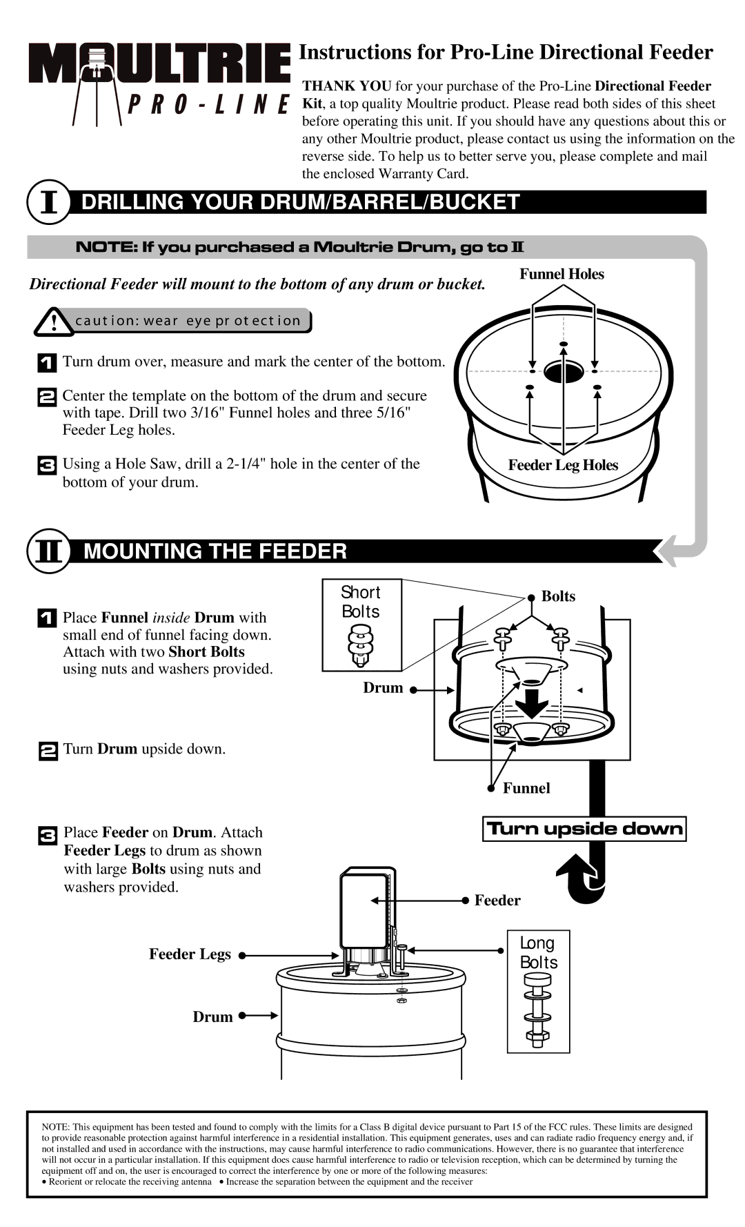 Moultrie Welder warranty Drilling Your DRUM/BARREL/BUCKET, Mounting the Feeder, Short, Bolts, Long 