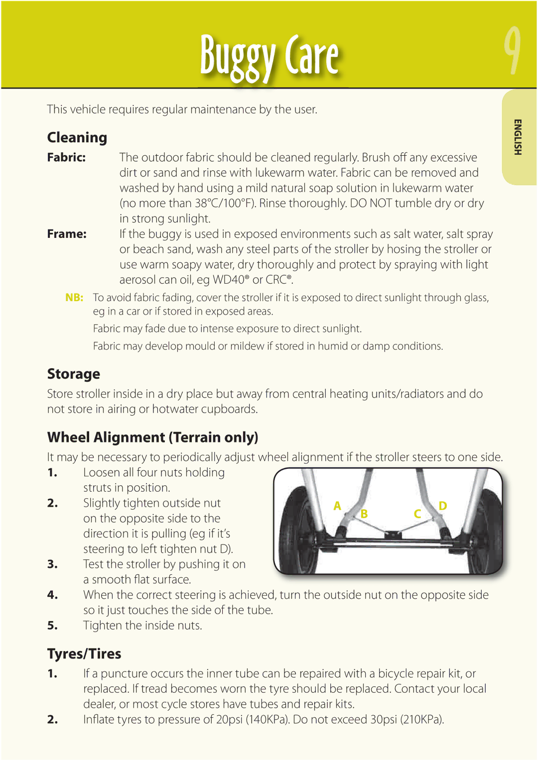 Mountain Buggy Buggy Range Outside Cove manual Buggy Care, Cleaning, Storage, Wheel Alignment Terrain only, Tyres/Tires 