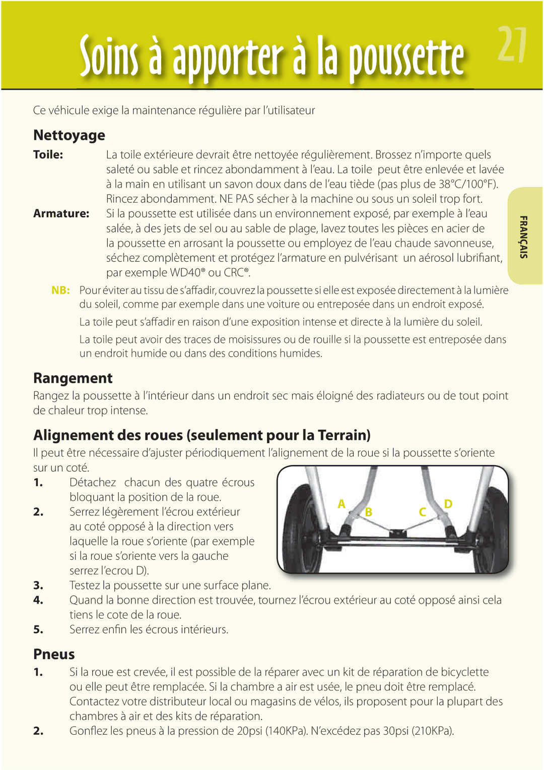 Mountain Buggy Buggy Range Outside Cove manual Nettoyage, Rangement, Alignement des roues seulement pour la Terrain, Pneus 