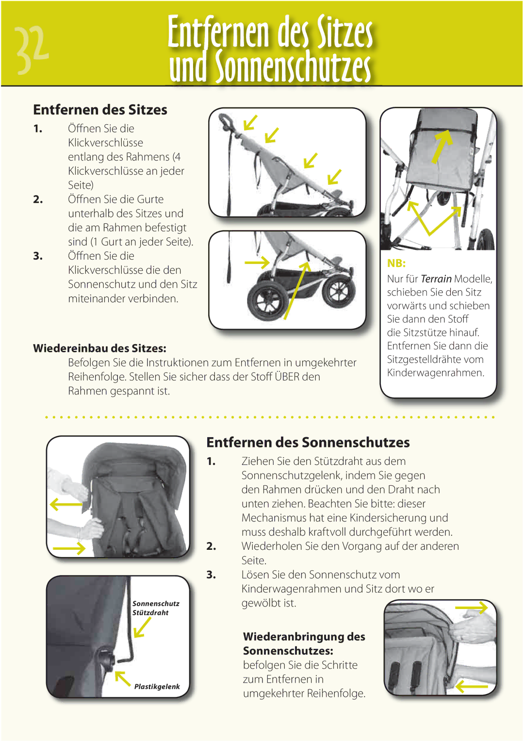 Mountain Buggy Buggy Range Outside Cove manual Entfernen des Sitzes, Entfernen des Sonnenschutzes, Wiedereinbau des Sitzes 