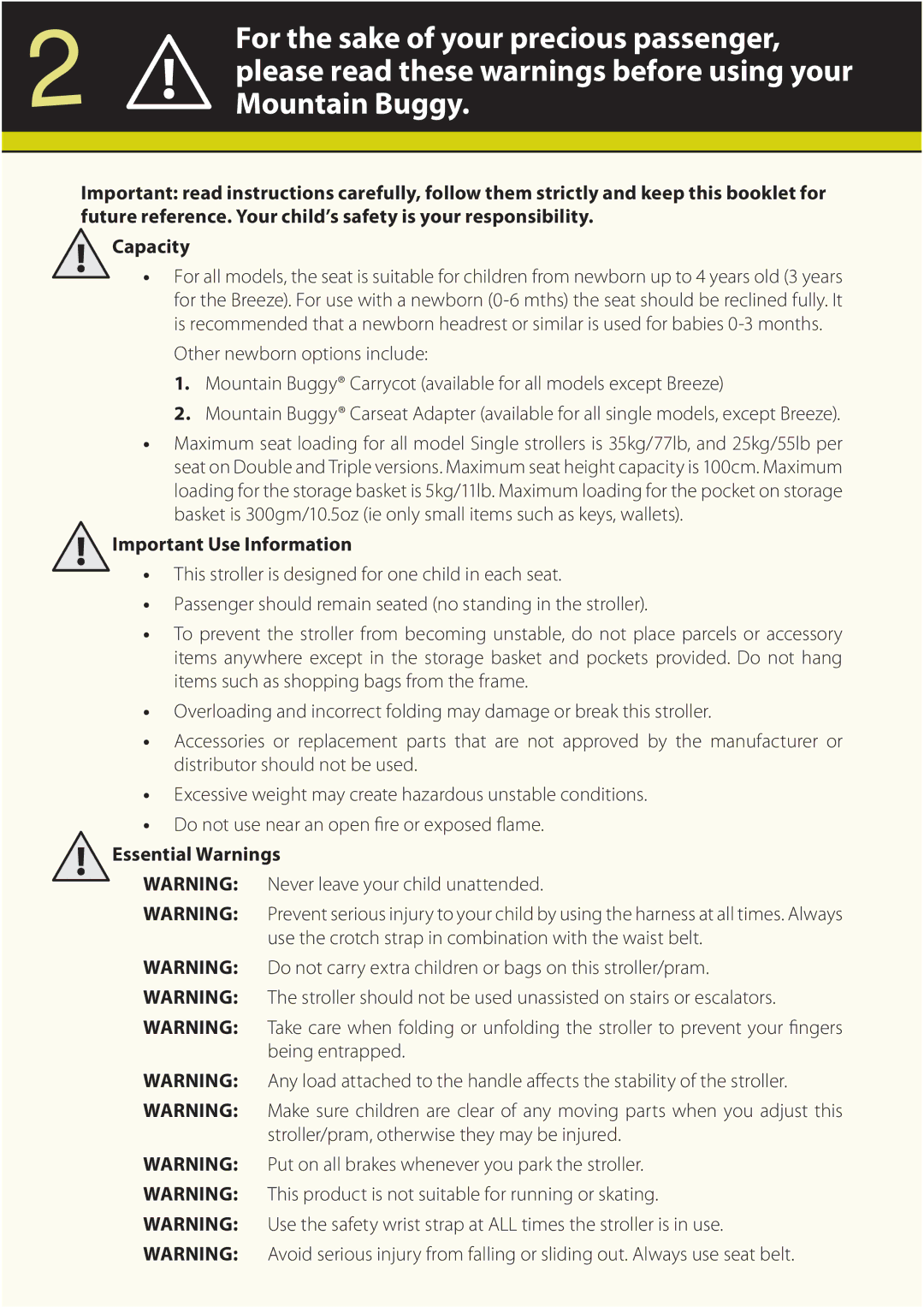 Mountain Buggy Buggy Range Outside Cove manual Important Use Information, Essential Warnings 