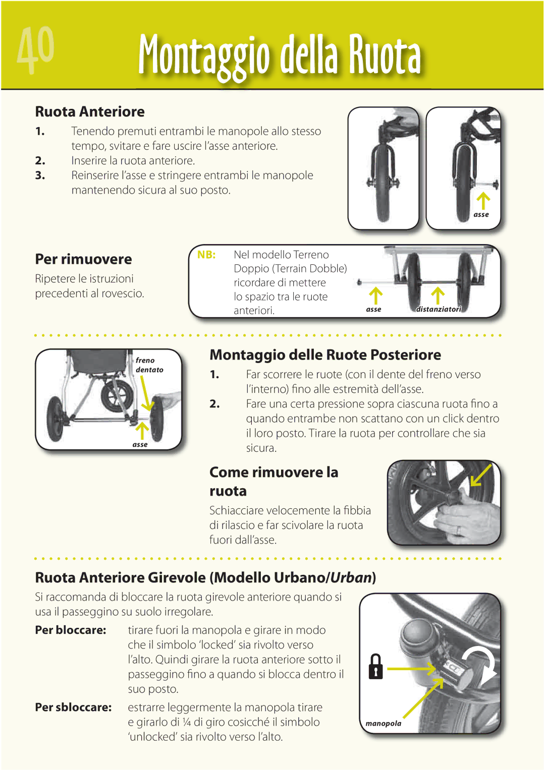 Mountain Buggy Buggy Range Outside Cove manual Ruota Anteriore, Per rimuovere, Montaggio delle Ruote Posteriore 