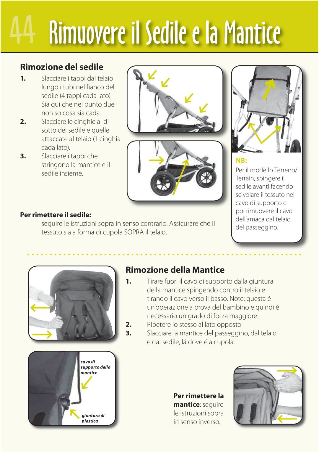 Mountain Buggy Buggy Range Outside Cove manual Rimozione del sedile, Rimozione della Mantice, Per rimettere il sedile 