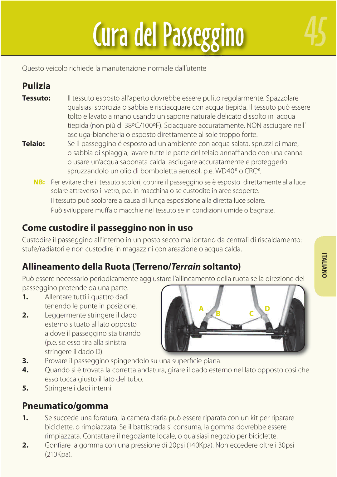 Mountain Buggy Buggy Range Outside Cove manual Pulizia, Come custodire il passeggino non in uso, Pneumatico/gomma 