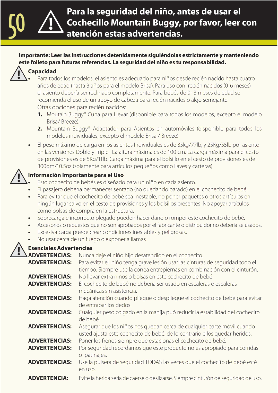 Mountain Buggy Buggy Range Outside Cove Capacidad, Información Importante para el Uso, Esenciales Advertencias, De bebé 