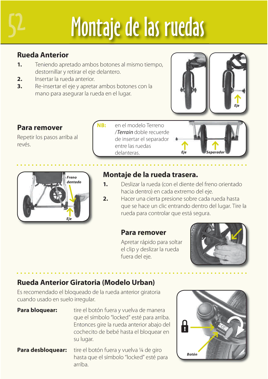 Mountain Buggy Buggy Range Outside Cove manual Rueda Anterior, Para remover, Montaje de la rueda trasera 