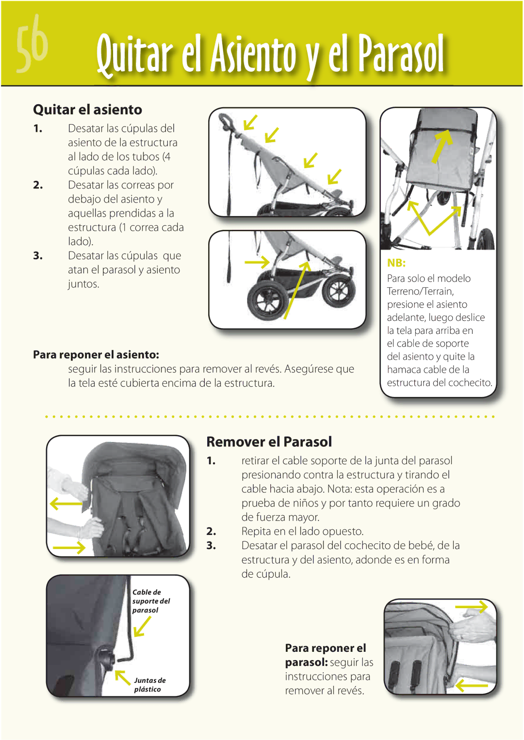 Mountain Buggy Buggy Range Outside Cove manual Quitar el asiento, Remover el Parasol, Para reponer el asiento 