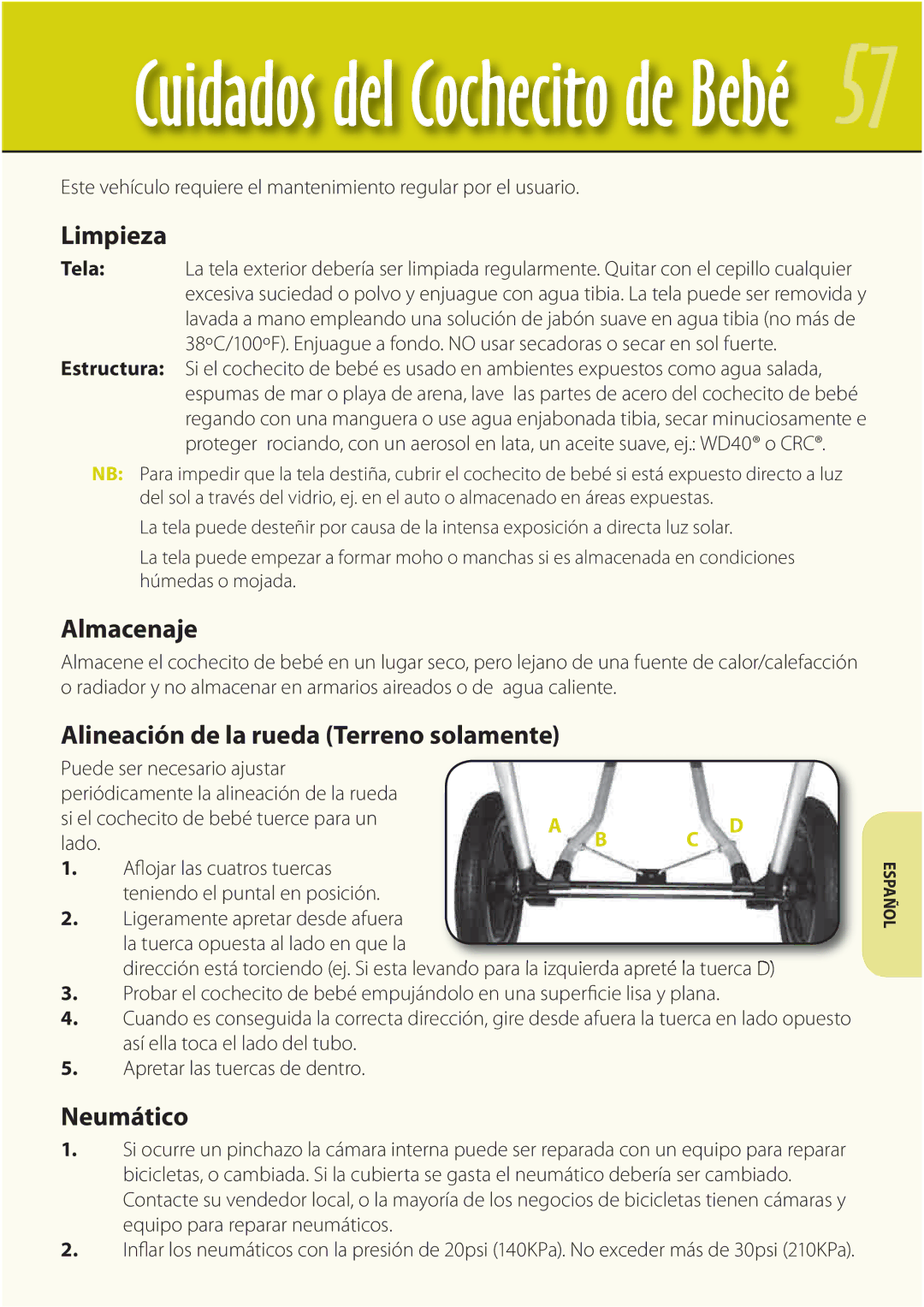 Mountain Buggy Buggy Range Outside Cove manual Limpieza, Almacenaje, Alineación de la rueda Terreno solamente, Neumático 