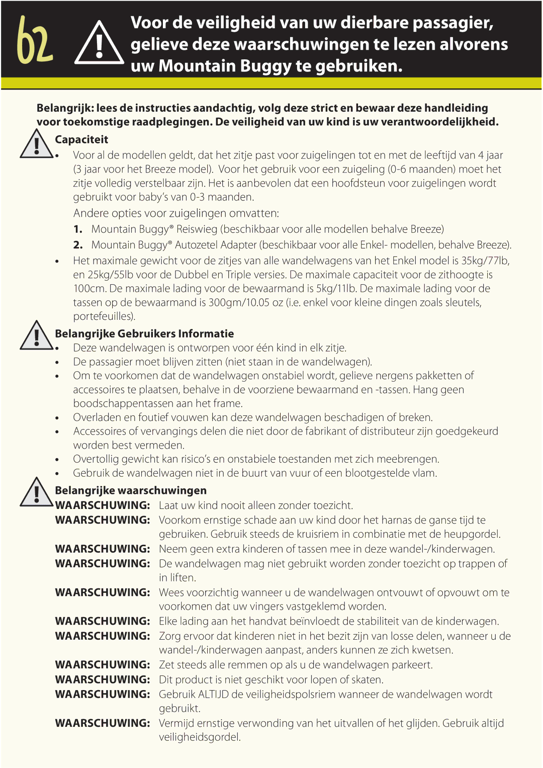 Mountain Buggy Buggy Range Outside Cove manual Belangrijke Gebruikers Informatie, Belangrijke waarschuwingen 