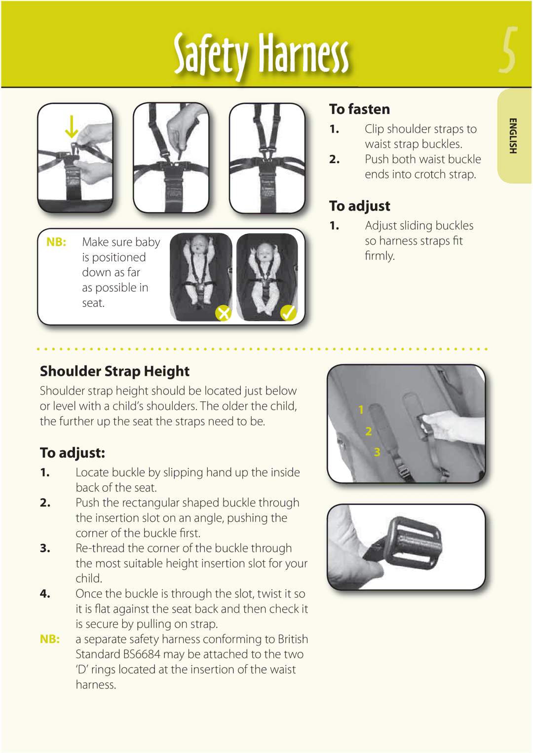 Mountain Buggy Buggy Range Outside Cove manual Safety Harness, To fasten, To adjust, Shoulder Strap Height 