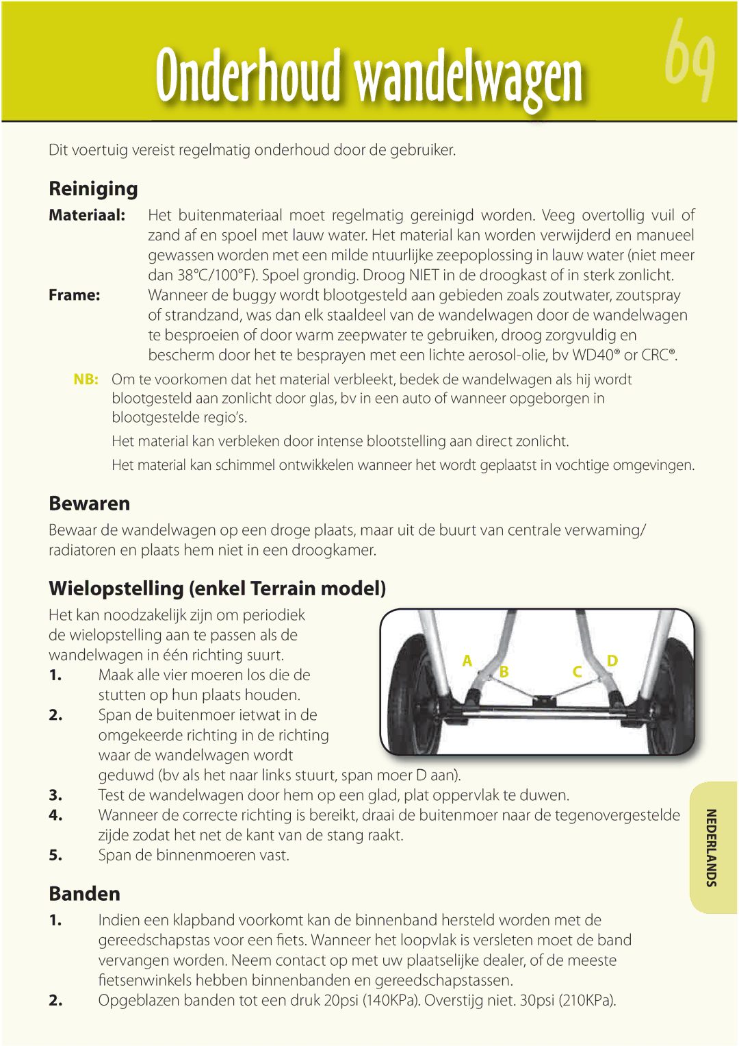 Mountain Buggy Buggy Range Outside Cove manual Reiniging, Bewaren, Wielopstelling enkel Terrain model, Banden 